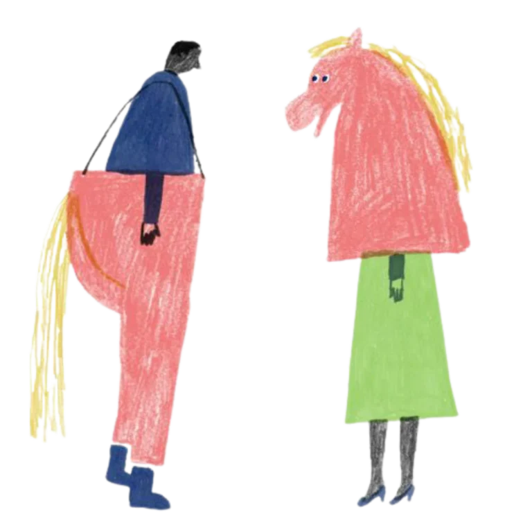 Tekening van 'n man en 'n perd